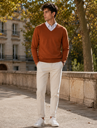 Maglione uomo color caffè con scollo a V abbinato a pantaloni chiari