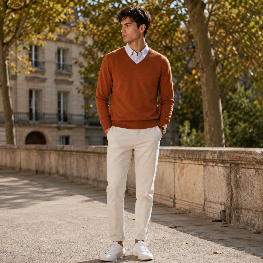 Maglione uomo color caffè con scollo a V abbinato a pantaloni chiari