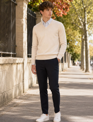 Maglione uomo crema con scollo a V, camicia a righe e pantaloni blu scuro