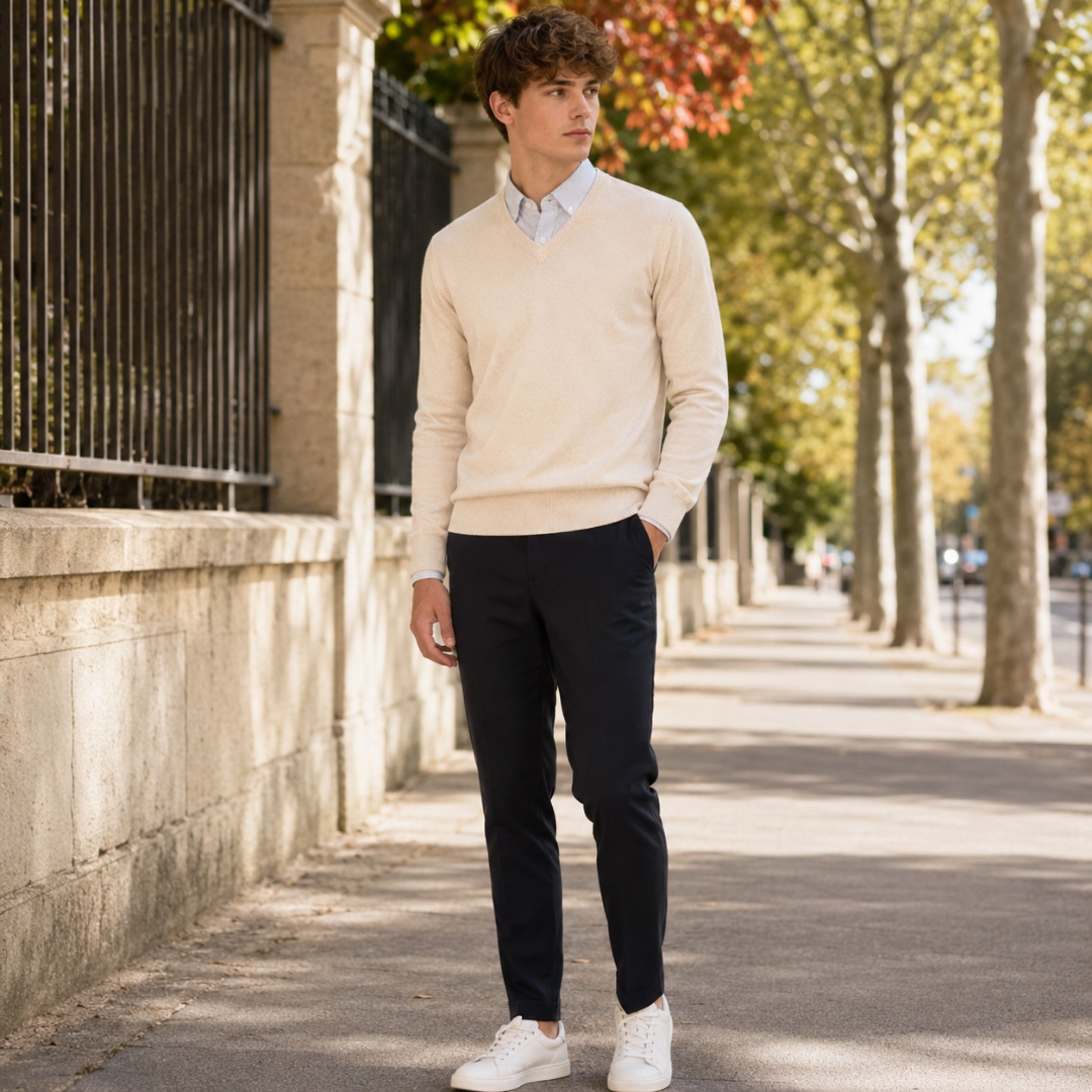 Maglione uomo crema con scollo a V, camicia a righe e pantaloni blu scuro