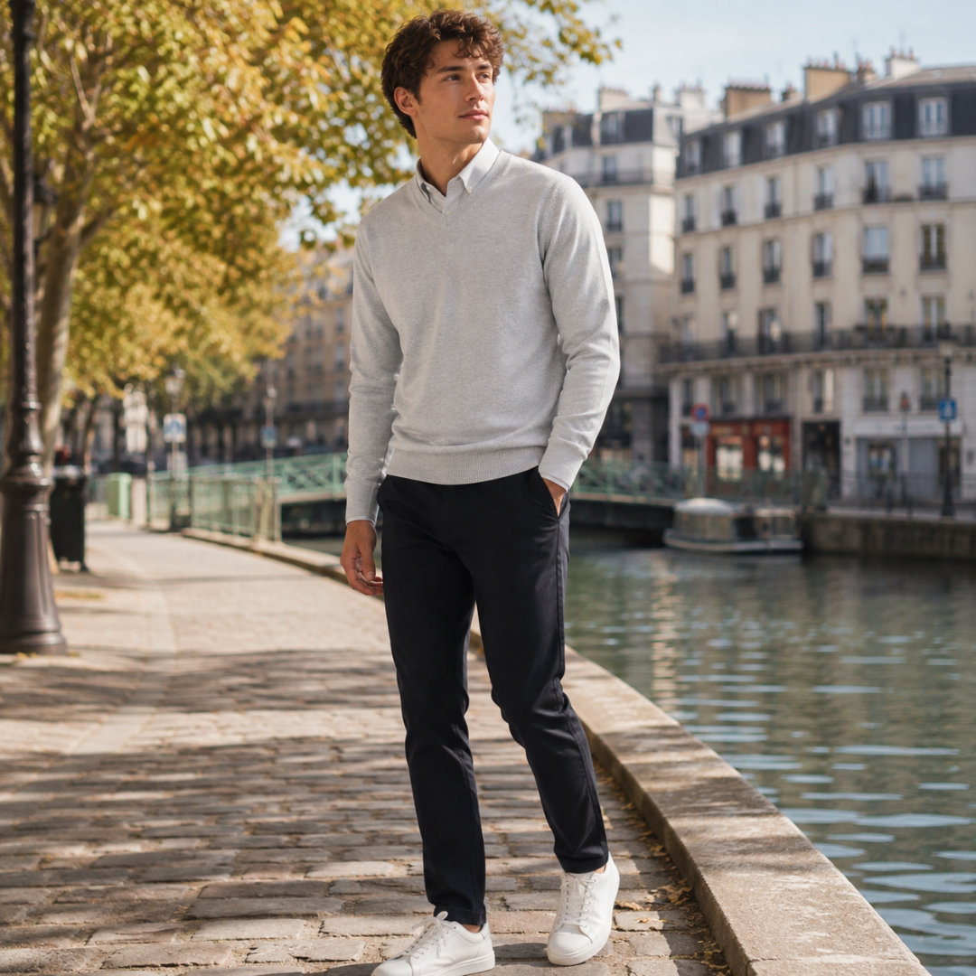 Maglione uomo grigio chiaro con scollo a V, camicia bianca e sneakers bianche