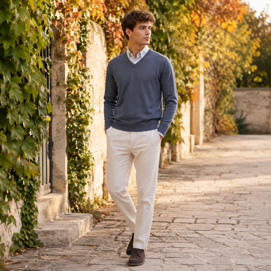 Maglione uomo grigio scuro a scollo a V con maniche lunghe e pantaloni chiari