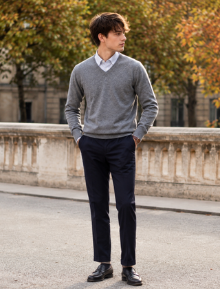 Maglione uomo grigio con scollo a V, camicia bianca e pantaloni blu scuro
