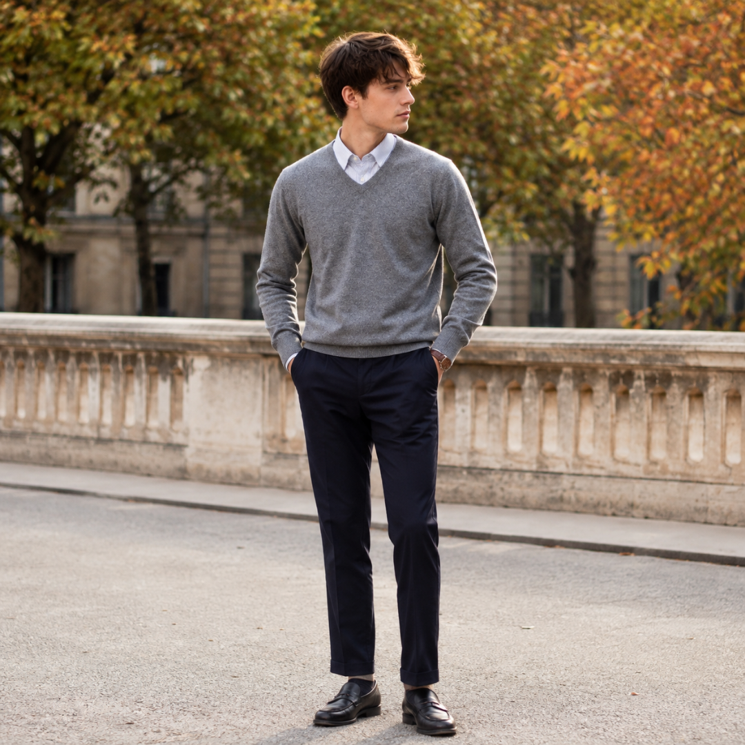 Maglione uomo grigio con scollo a V, camicia bianca e pantaloni blu scuro