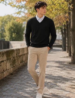 Maglione uomo nero con scollo a V, camicia bianca e pantaloni beige