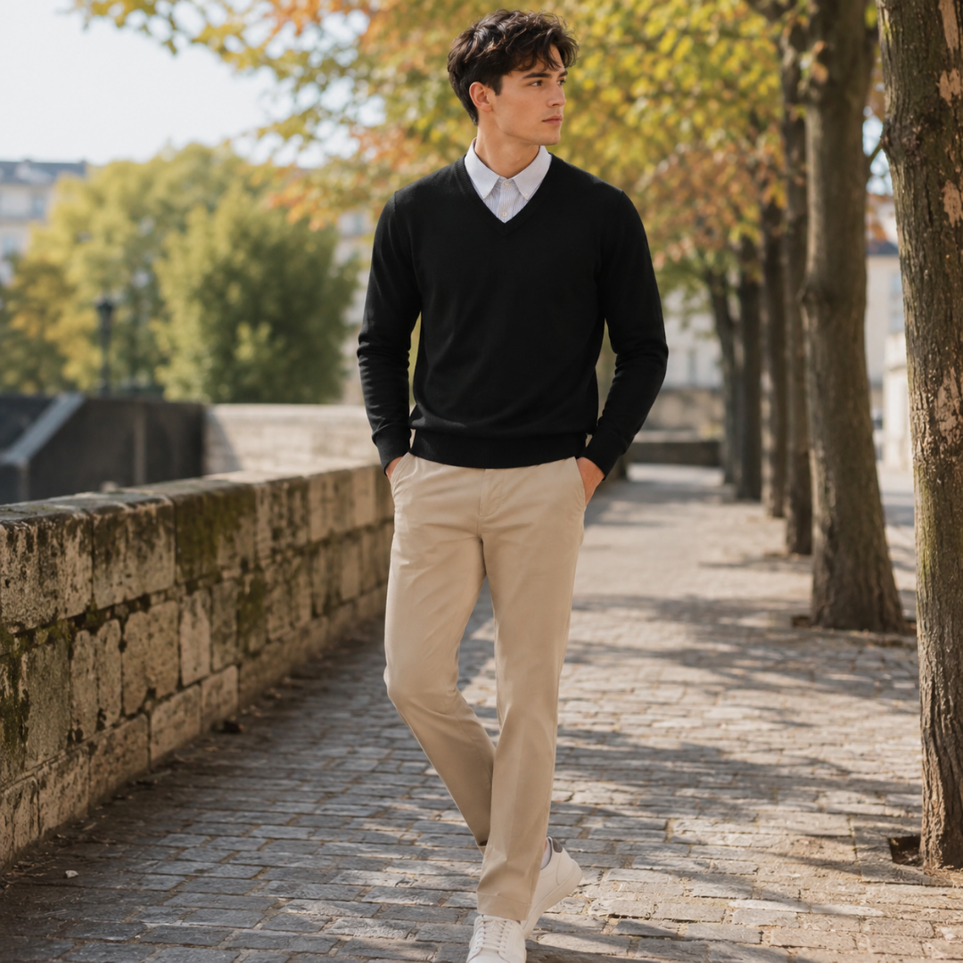 Maglione uomo nero con scollo a V, camicia bianca e pantaloni beige