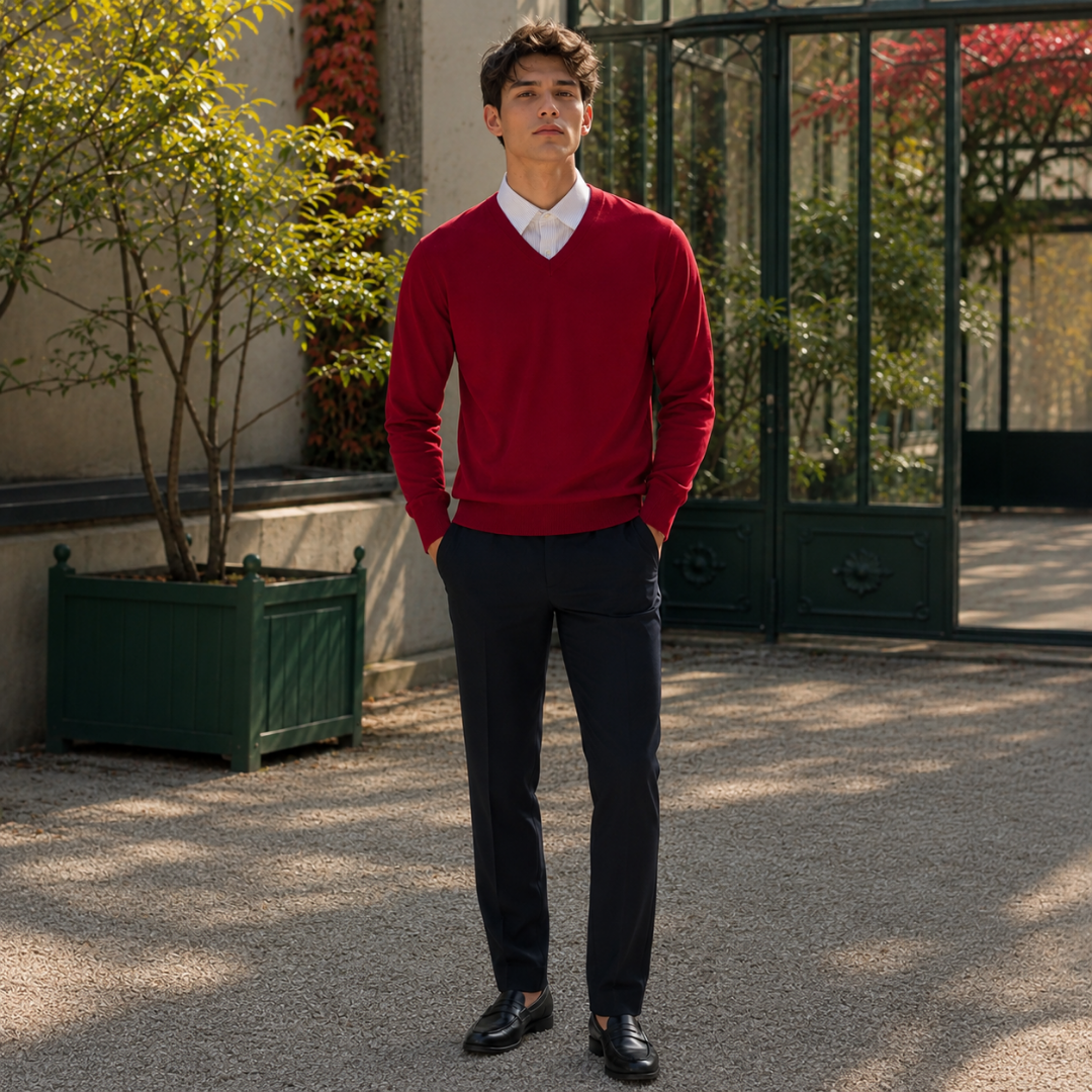 Maglione uomo rosso con scollo a V e camicia bianca sotto, pantaloni scuri