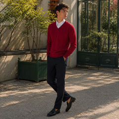 Maglione rosso uomo di tre quarti, scollo a V e bordi a coste in vita