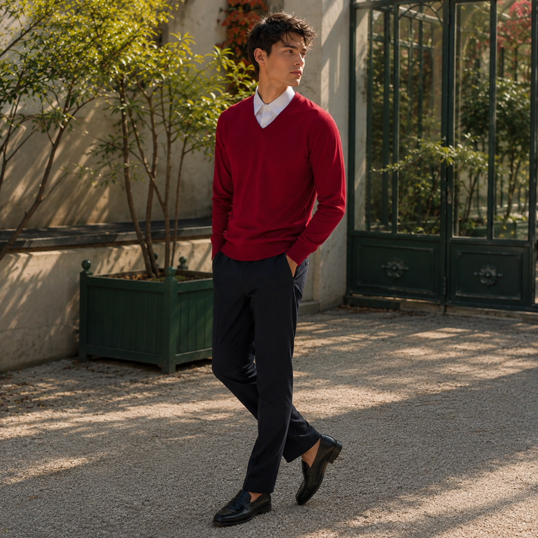 Maglione rosso uomo di tre quarti, scollo a V e bordi a coste in vita