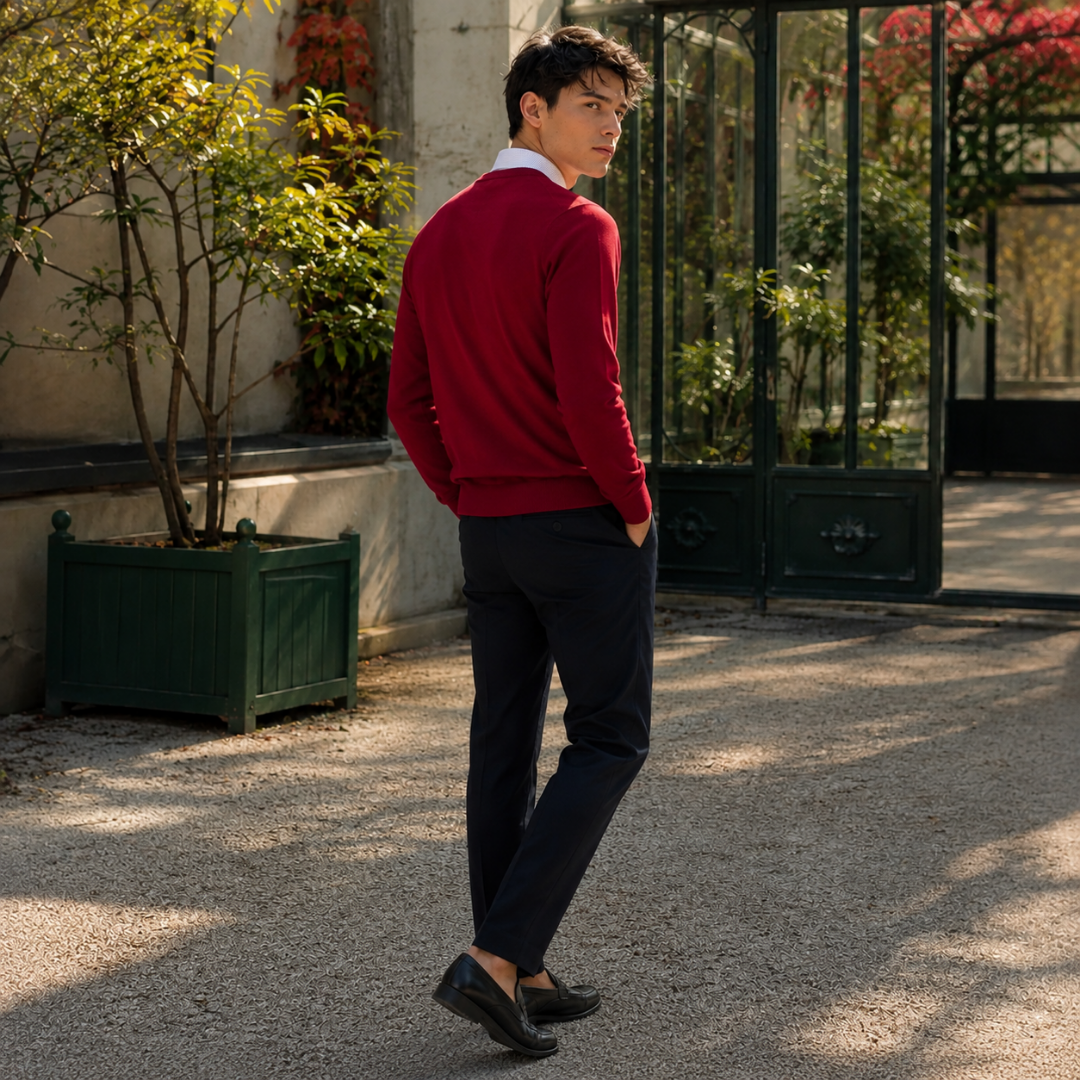 Retro del maglione uomo rosso a tinta unita con fondo a coste