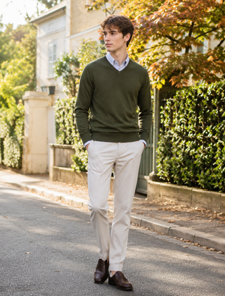 Maglione uomo verde militare con scollo a V e mocassini marroni
