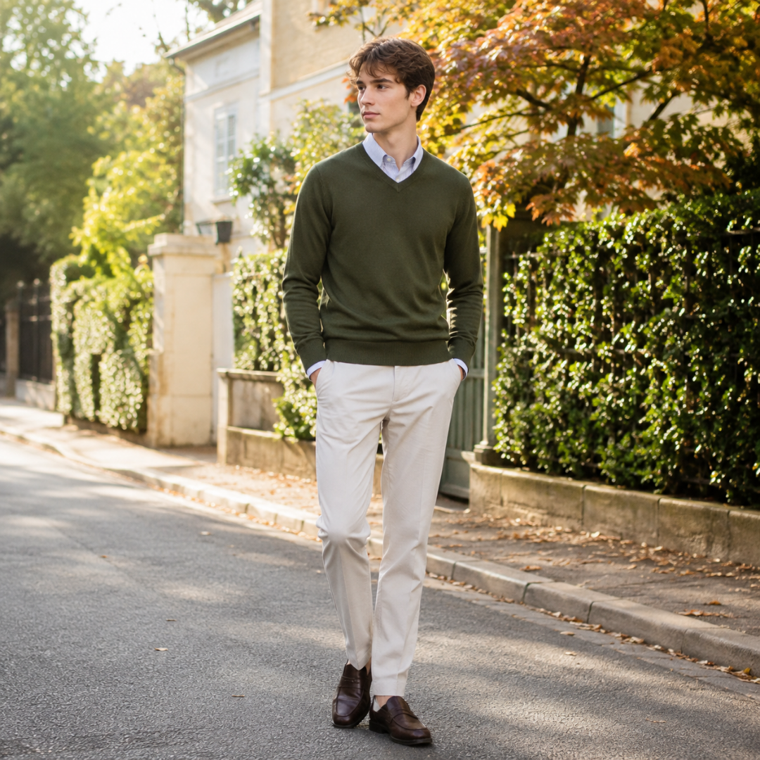 Maglione uomo verde militare con scollo a V e mocassini marroni