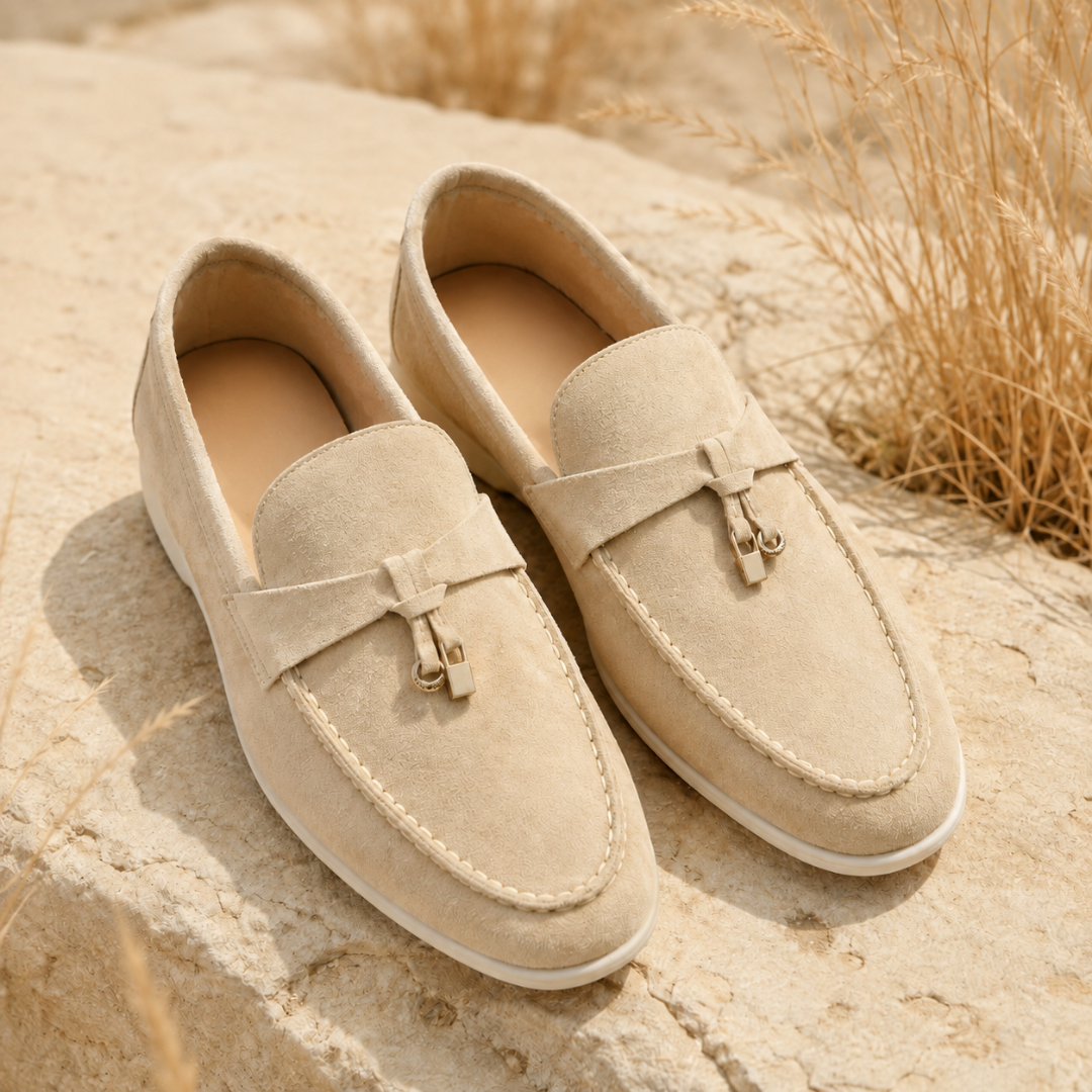 Mocassini donna beige slip-on con fascetta sul davanti e piccoli pendenti dorati