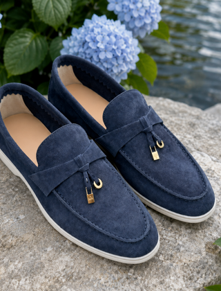 Mocassini donna blu navy con charm dorati e cuciture a vista sul bordo