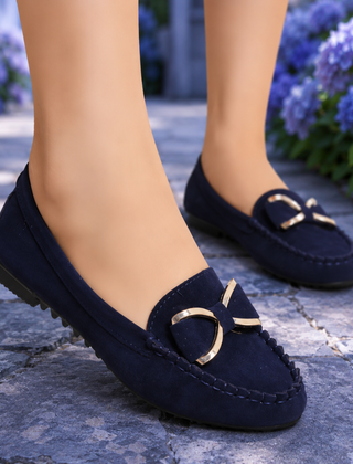 Mocassini donna blu navy con fiocco e inserto dorato sul collo del piede