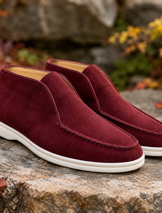 Mocassini uomo bordeaux scuro alti alla caviglia con cuciture a vista e suola bianca