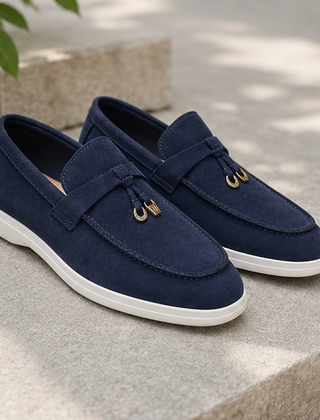 Mocassini uomo blu navy con nodo, pendenti dorati e cuciture a vista sulla punta