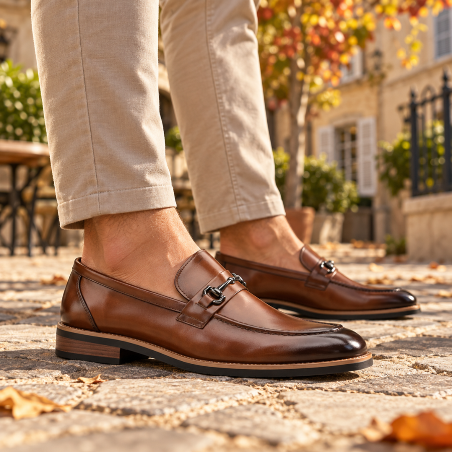 Mocassini uomo marroni con morsetto metallico indossati con pantaloni chino beige