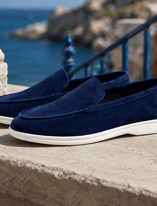 Mocassini uomo blu navy slip-on con nodo sul collo del piede e suola bianca