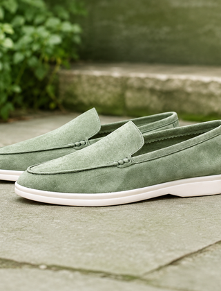 Mocassini uomo verde chiaro con punta tonda e suola bianca a contrasto