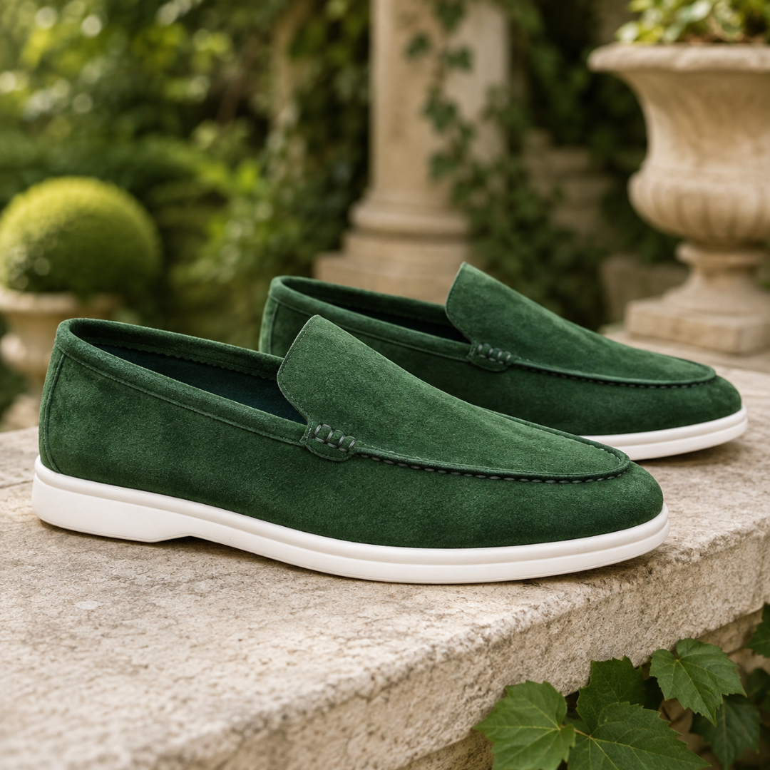 Mocassini uomo verde scuro slip-on con cucitura a vista e suola bianca