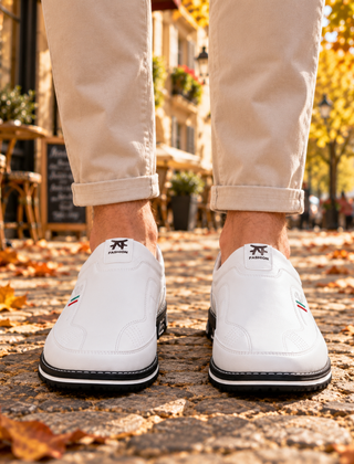 Mocassini uomo bianchi slip-on indossati, suola nera con profilo bianco a contrasto