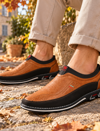 Mocassini uomo caramello slip-on con bordo nero a contrasto e cuciture bianche
