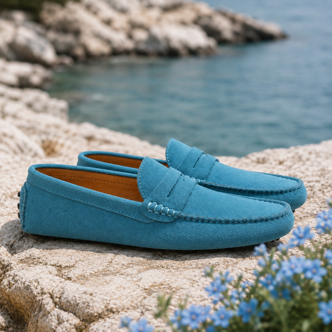Mocassini azzurri uomo slip-on con fodera chiara e fascia frontale sagomata