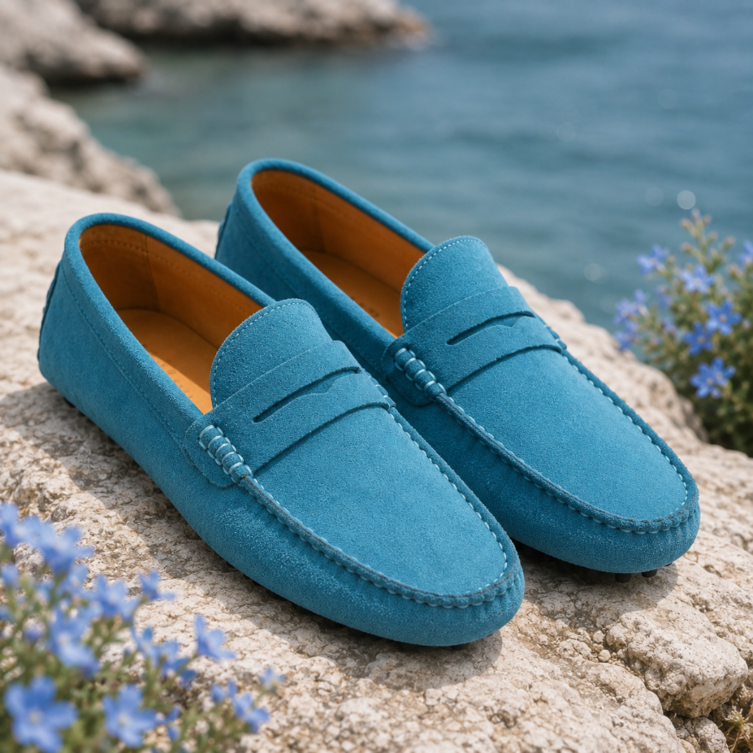 Mocassini uomo azzurri visti dall'alto con fascia frontale e cuciture a contrasto