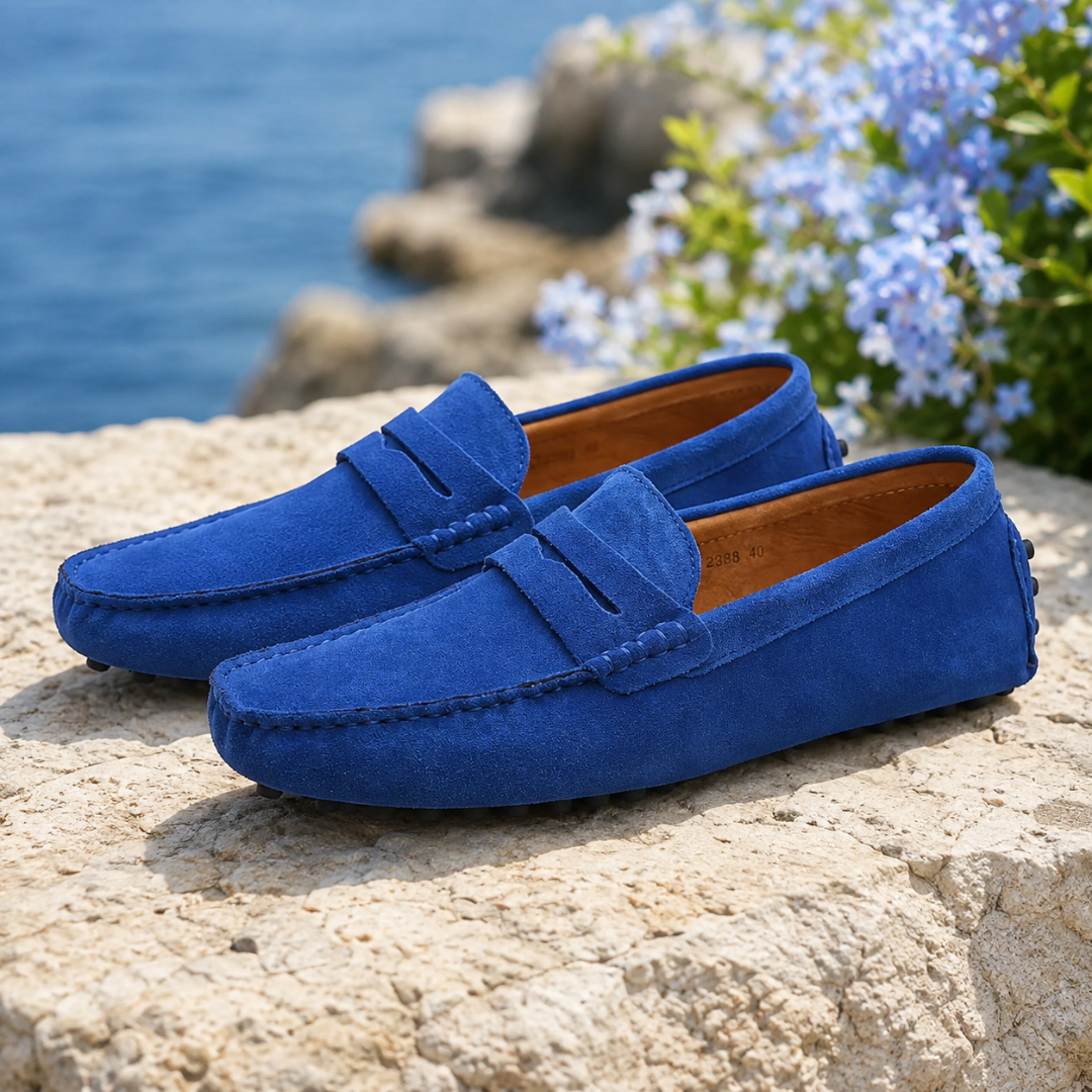 Mocassini uomo blu da guida con bordo cucito a vista e fascia frontale