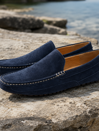 Mocassini uomo blu navy con cuciture chiare e suola gommata a pallini