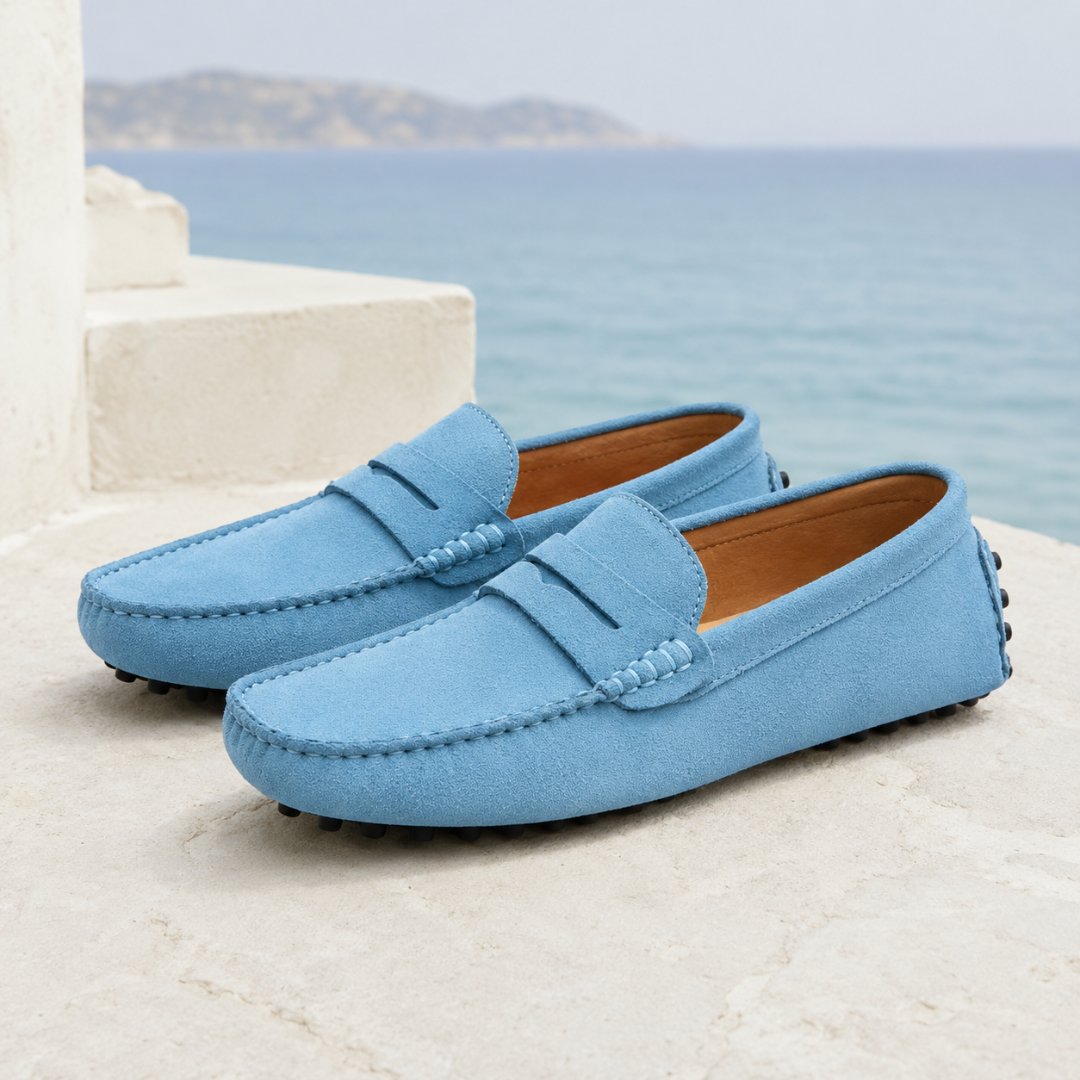 Mocassini uomo azzurri con fascetta a penny e suola a pallini