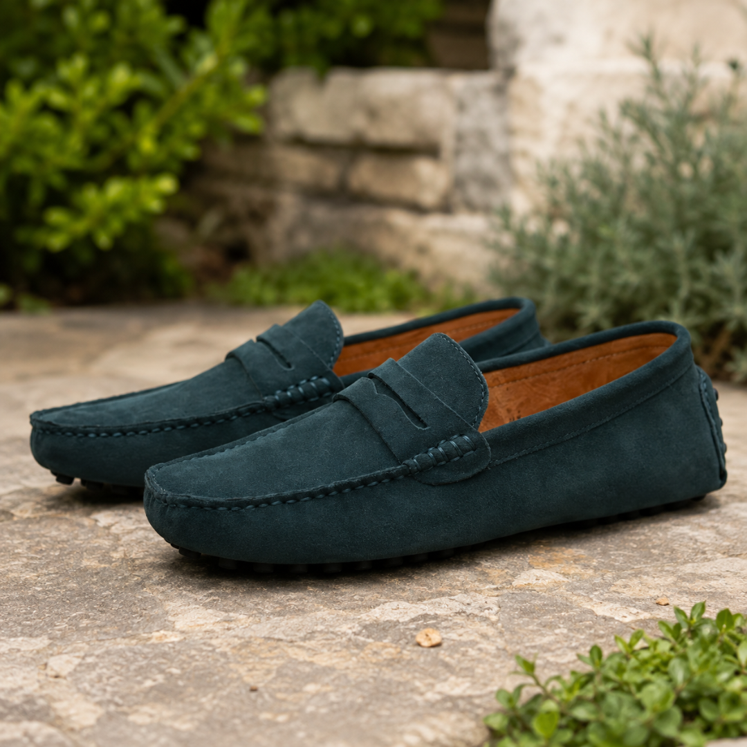 Mocassini uomo verde scuro con fascetta a penny e bordo cucito