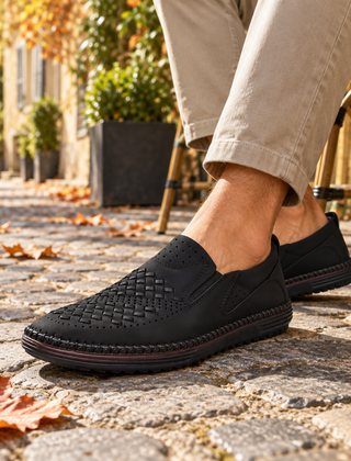 Mocassini uomo neri con tomaia intrecciata traforata e inserto elastico laterale