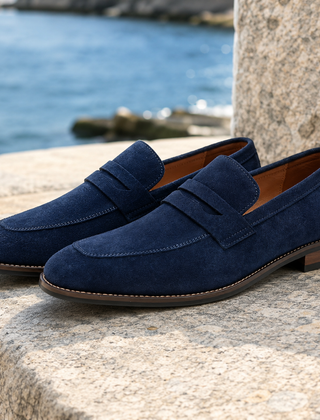 Mocassini uomo blu con fascetta penny e cuciture chiare lungo il bordo