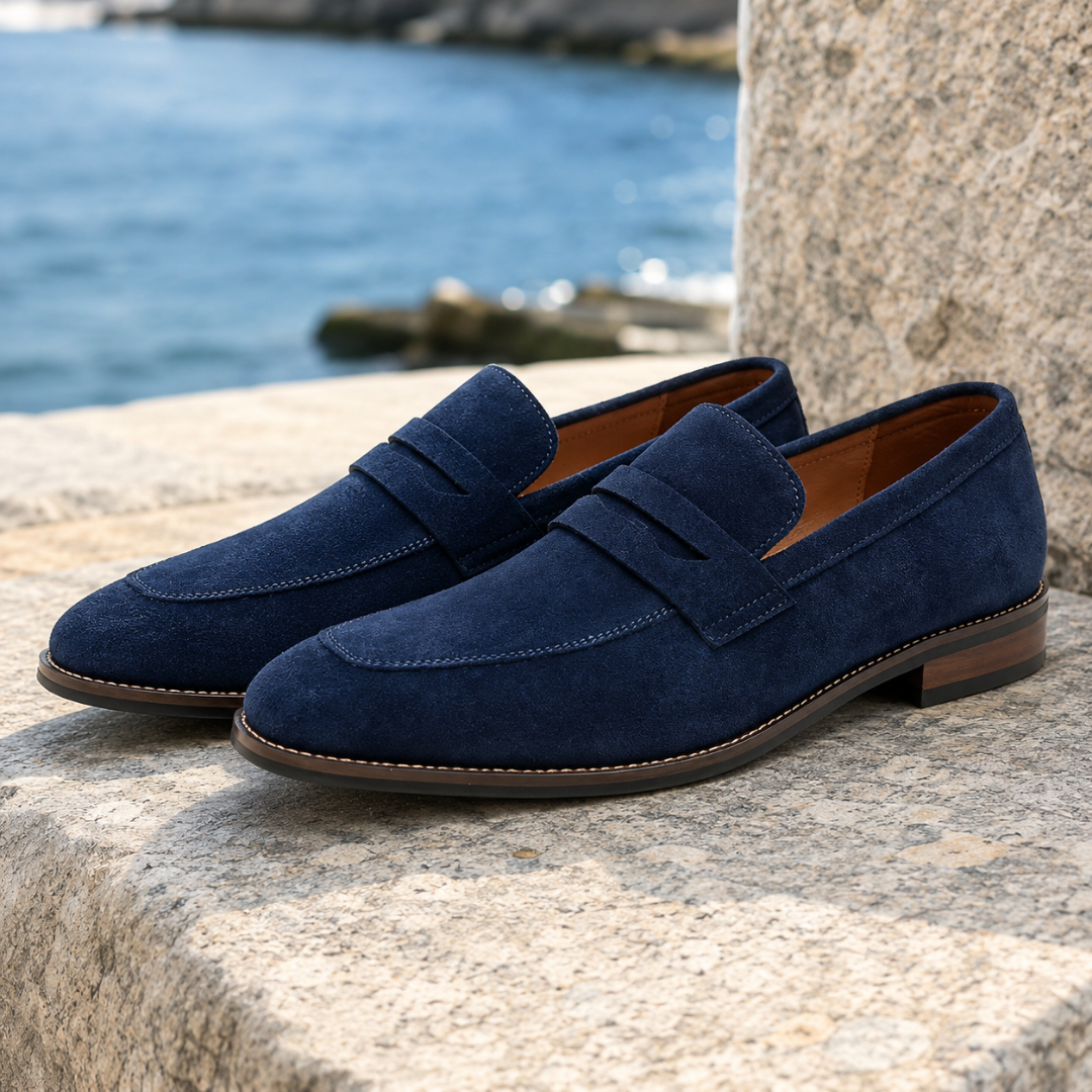 Mocassini uomo blu con fascetta penny e cuciture chiare lungo il bordo