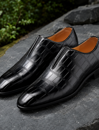 Mocassini uomo neri slip-on con riquadri in rilievo e punta affusolata