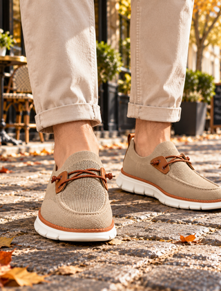 Mocassini uomo beige con laccetti a contrasto e suola bianca scanalata