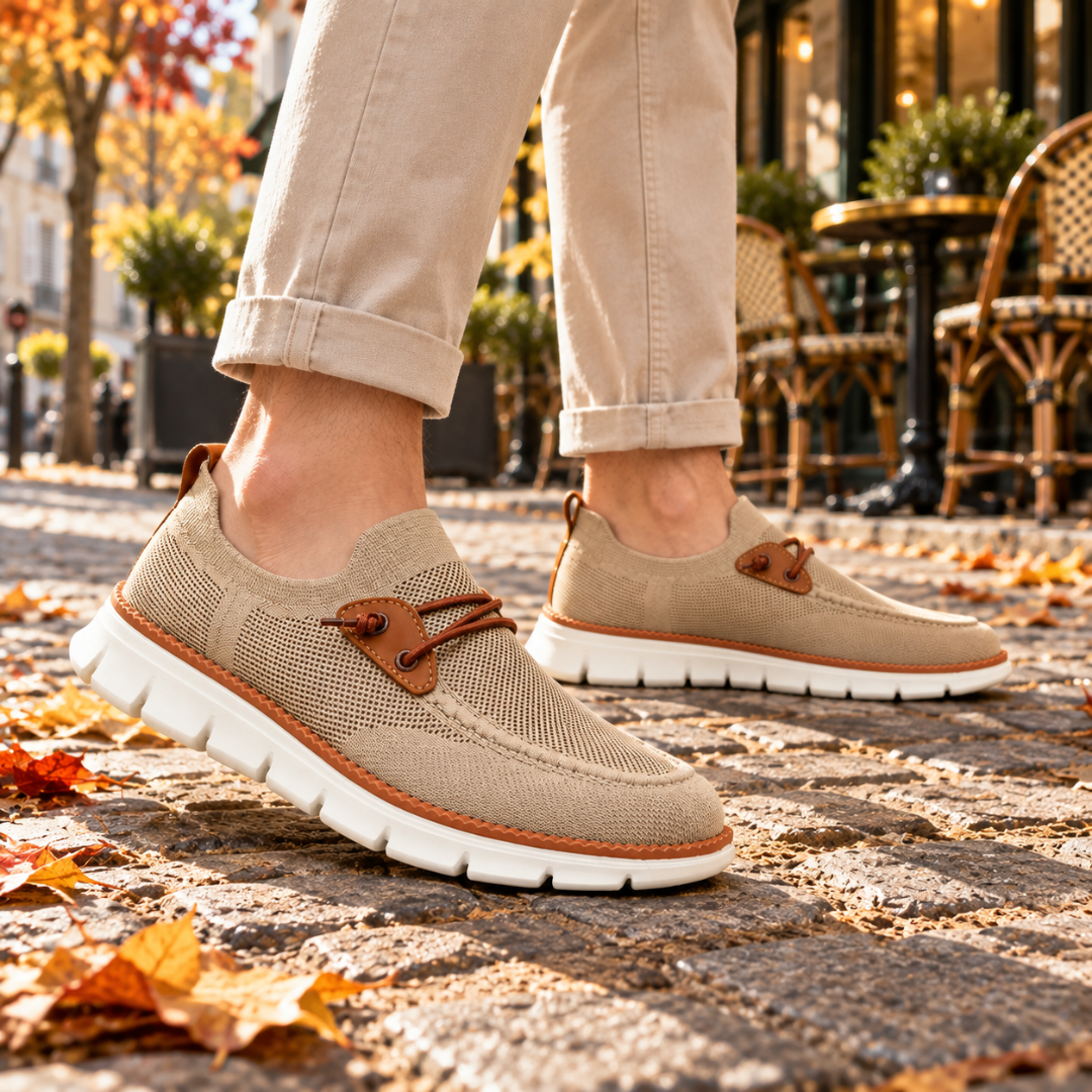 Mocassini uomo beige slip-on con cucitura a mocassino sulla punta