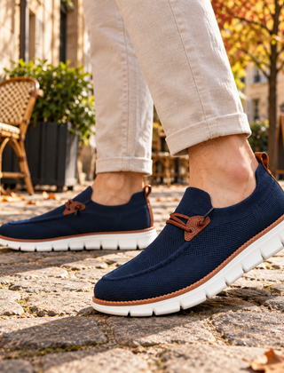 Mocassini uomo blu slip-on con bordo a contrasto e suola bianca