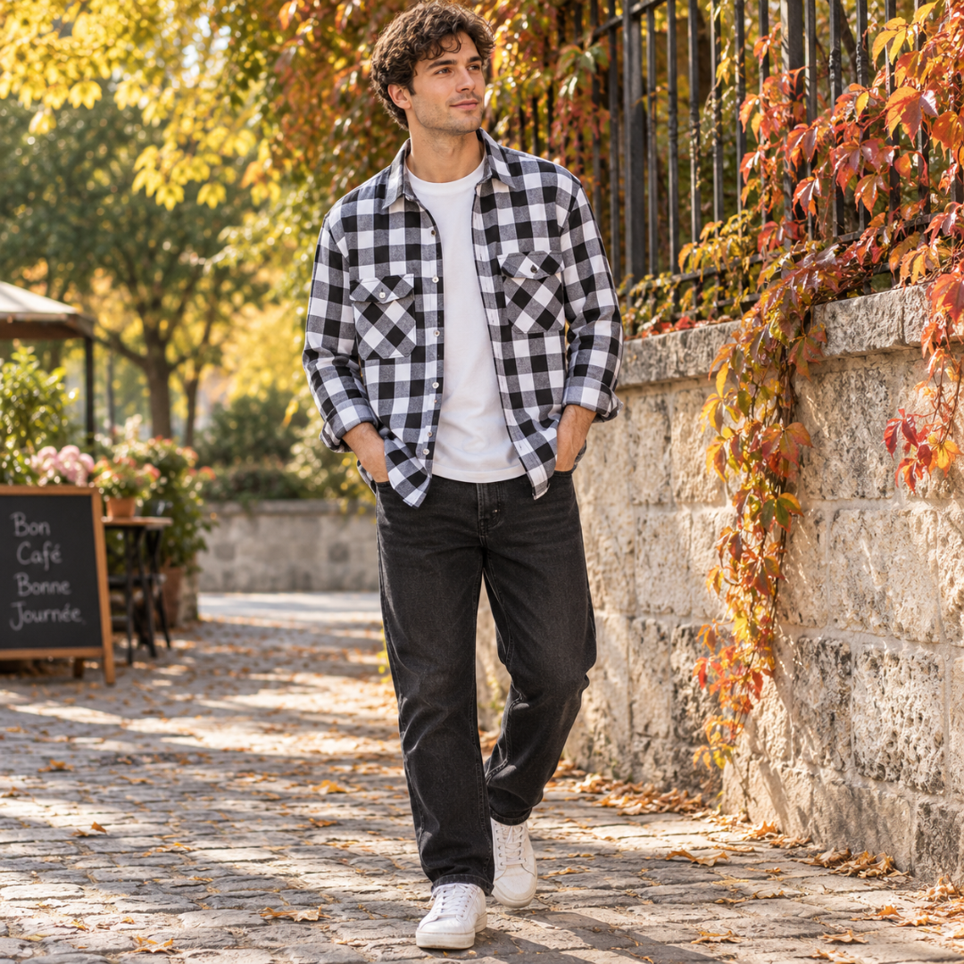 Overshirt uomo bianco a quadri con collo a camicia, indossato su T-shirt bianca