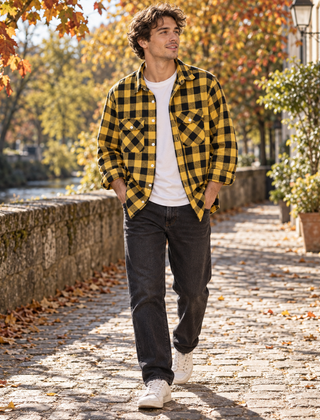 Overshirt uomo giallo a quadri con taschini con patta e maniche arrotolate