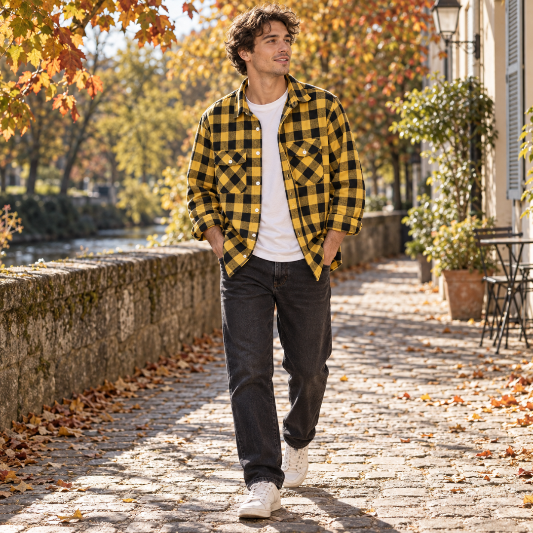 Overshirt uomo giallo a quadri con taschini con patta e maniche arrotolate