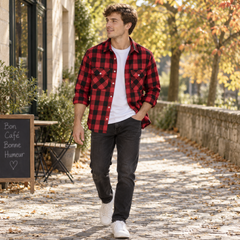 Overshirt uomo rosso a quadri con bottoni bianchi, portato aperto su pantaloni scuri