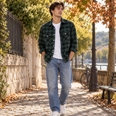 Overshirt uomo verde a quadri con collo a camicia e taschini sul petto