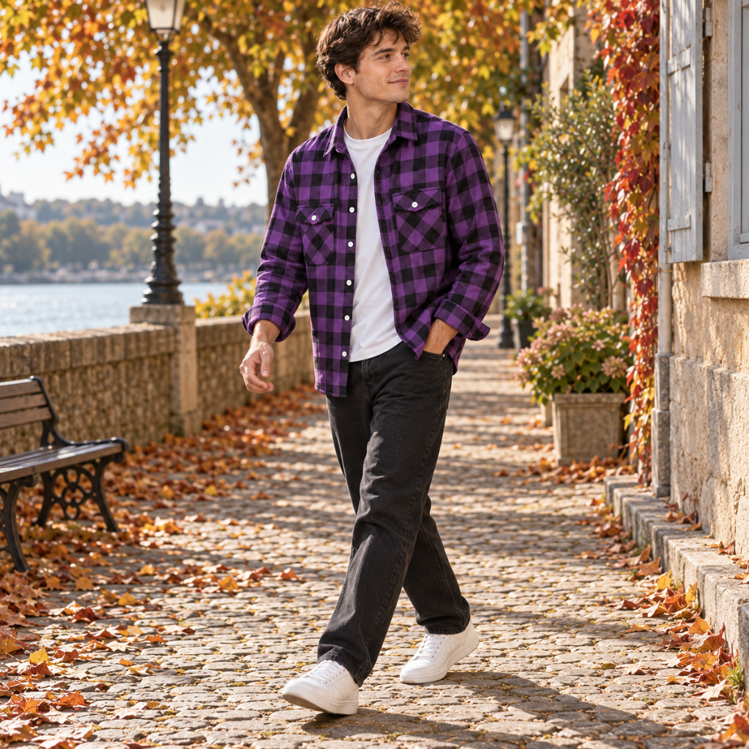 Overshirt uomo viola a quadri indossato aperto su T-shirt bianca e pantaloni neri