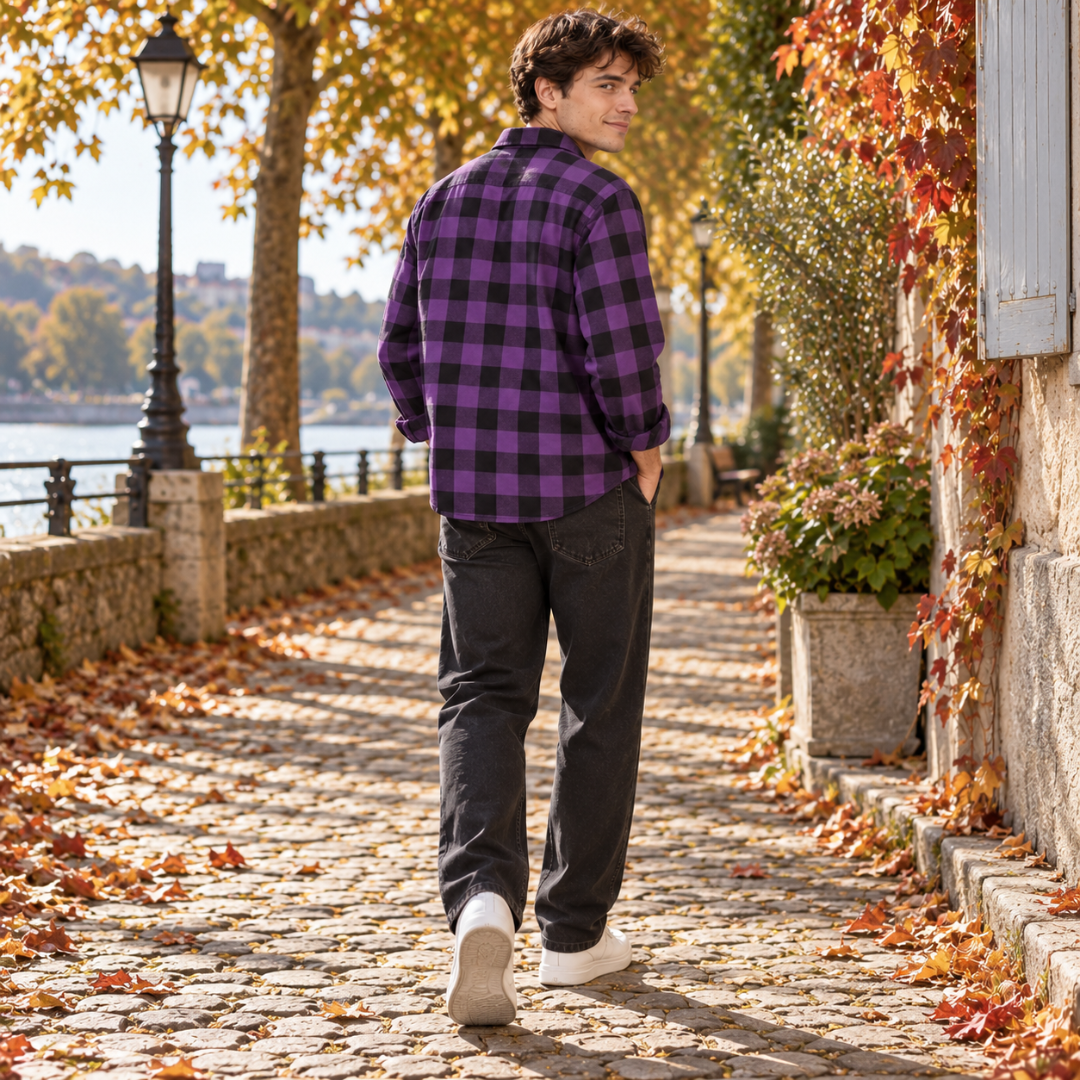 Retro dell'overshirt uomo viola a quadri con maniche lunghe e linea rilassata