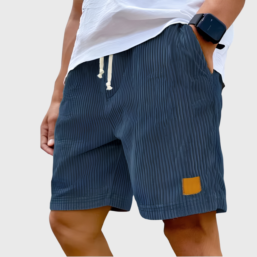 Pantaloncini uomo blu navy con coulisse écru e dettaglio etichetta a contrasto