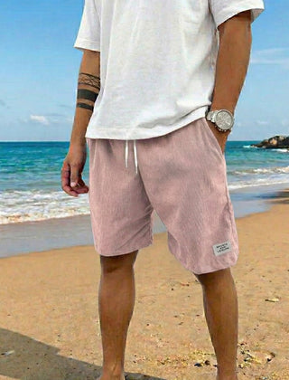 Pantaloncini uomo rosa chiaro a coste con vita elasticizzata e coulisse annodata