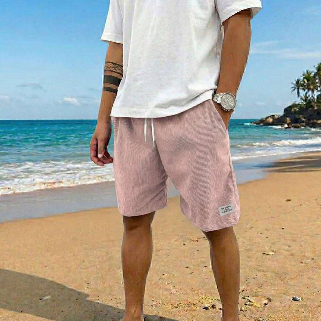 Pantaloncini uomo rosa chiaro a coste con vita elasticizzata e coulisse annodata
